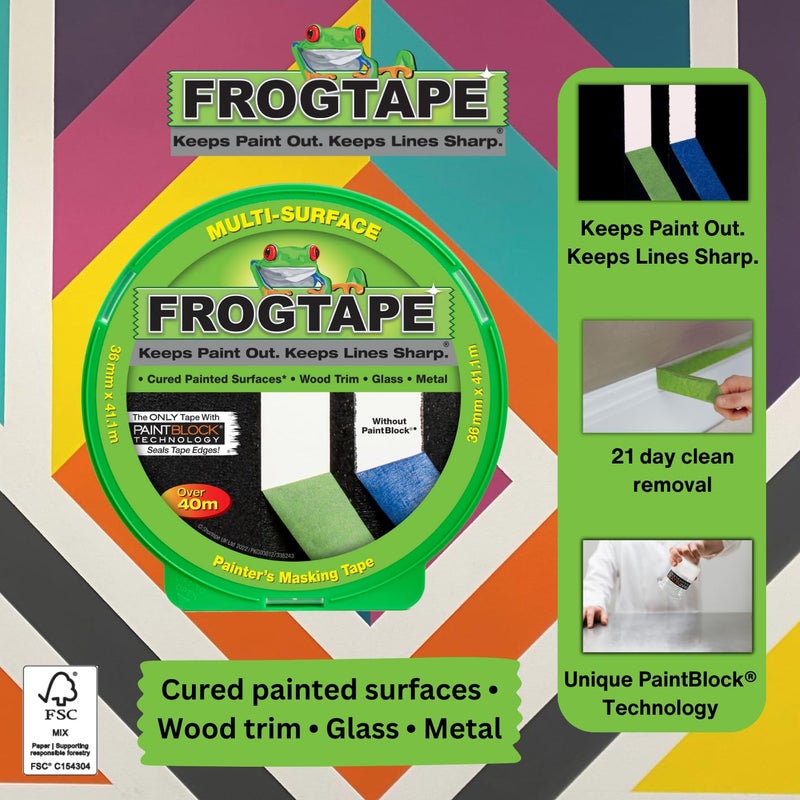 FrogTape Frog Tape Green Multi Surface Painters Masking Tape, Indoor Painting and Decorating for Sharp Lines and No Paint Bleed 36mm X 41.1m - Image 1